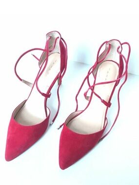 ✨♥️ Tahari Red Suede Pointed Toe Stiletto Heels Lace-Up Ankle Tie – Size 7.5M